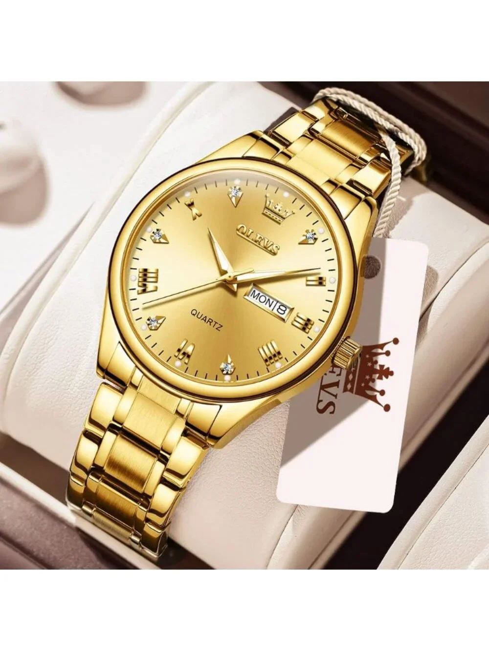 Men's Gold Stainless Steel Casual Analog Quartz Classic Waterproof Diamond Watch